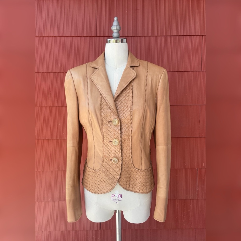 Worth Vintage 90s Woven Leather Lapel Suit Jacket Blazer Leather Button Tan